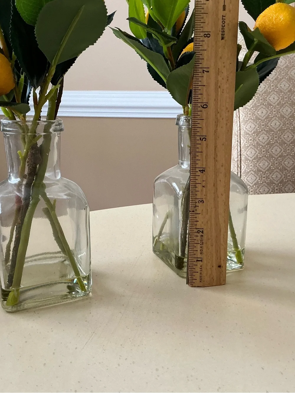 Two Artificial Lemon Tree Branches in Glass Vases Decor 🍋